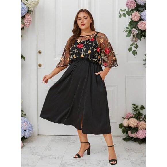 Women Plus Size Formal Dress With Embroidered Shawl and Pockets - Picture 3 of 8